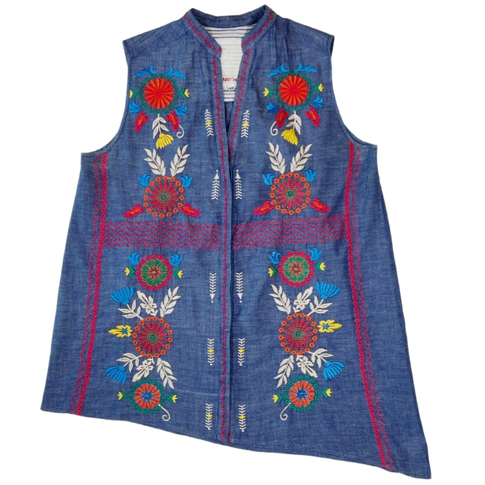 Johnny Was 3J Workshop Denim Chambray V‎ Neck Tank Floral Embroidery Extra Small